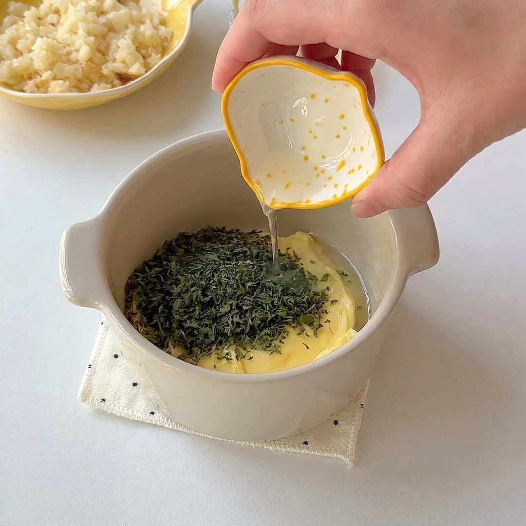 Ein kleiner Behälter mit weicher Butter und gehackter Petersilie, wobei Zitronensaft hinzugegossen wird.