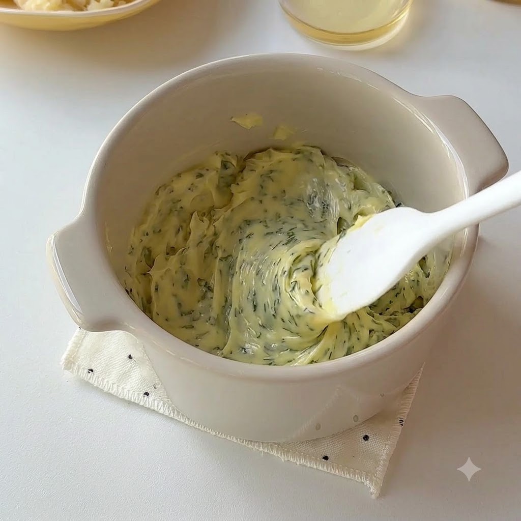 Honig und gehackter Knoblauch werden in einer Keramikschüssel unter die Butter-Petersilien-Mischung gerührt.