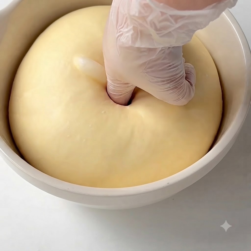 Ein behandschuhter Finger drückt in die Mitte einer großen, glatten Teigkugel in einer Schüssel.
