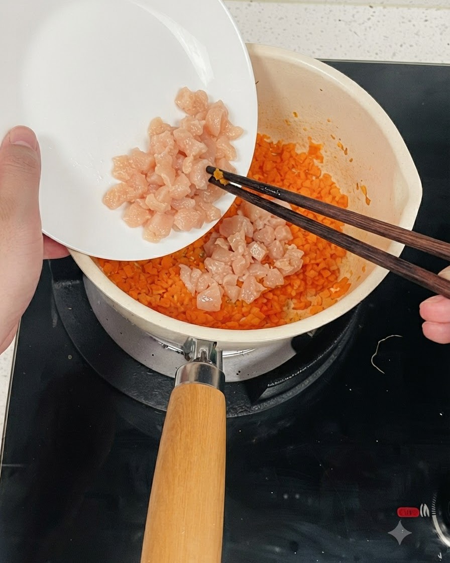 Mariniertes Hähnchenhackfleisch wird mit Stäbchen von einem weißen Teller in einen Topf mit gehacktem Gemüse gegeben.