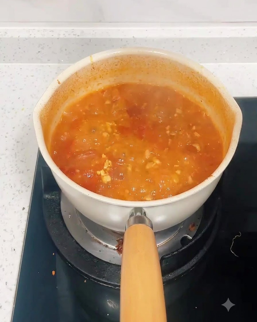 Trockene Spaghettinudeln eingetaucht in einen Topf mit köchelnder roter Tomaten-Fleisch-Soße.