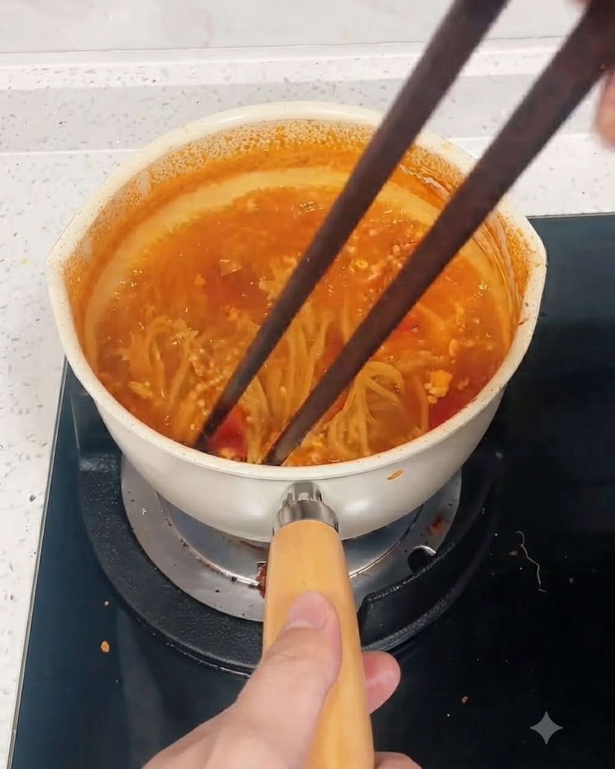 Ein Paar dunkle Stäbchen vermischt Spaghettinudeln in einem Topf mit köchelnder roter Soße.