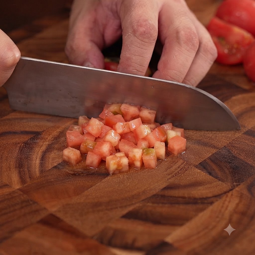 Geschälte frische Tomaten werden mit einem großen Messer auf einem Holzbrett in kleine Würfel geschnitten.