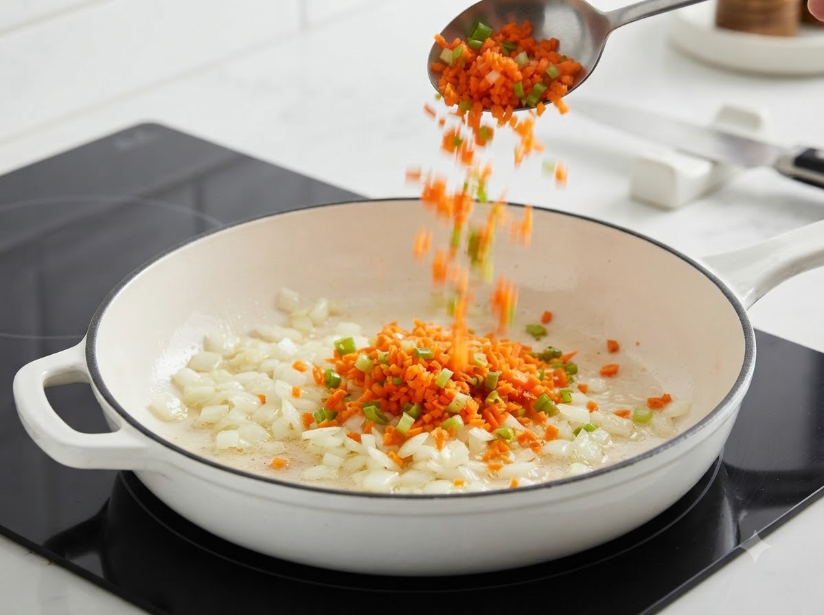 Fein gewürfelte Karotten und Sellerie werden von einem Löffel in eine Pfanne mit angeschwitzten Zwiebeln gegeben.