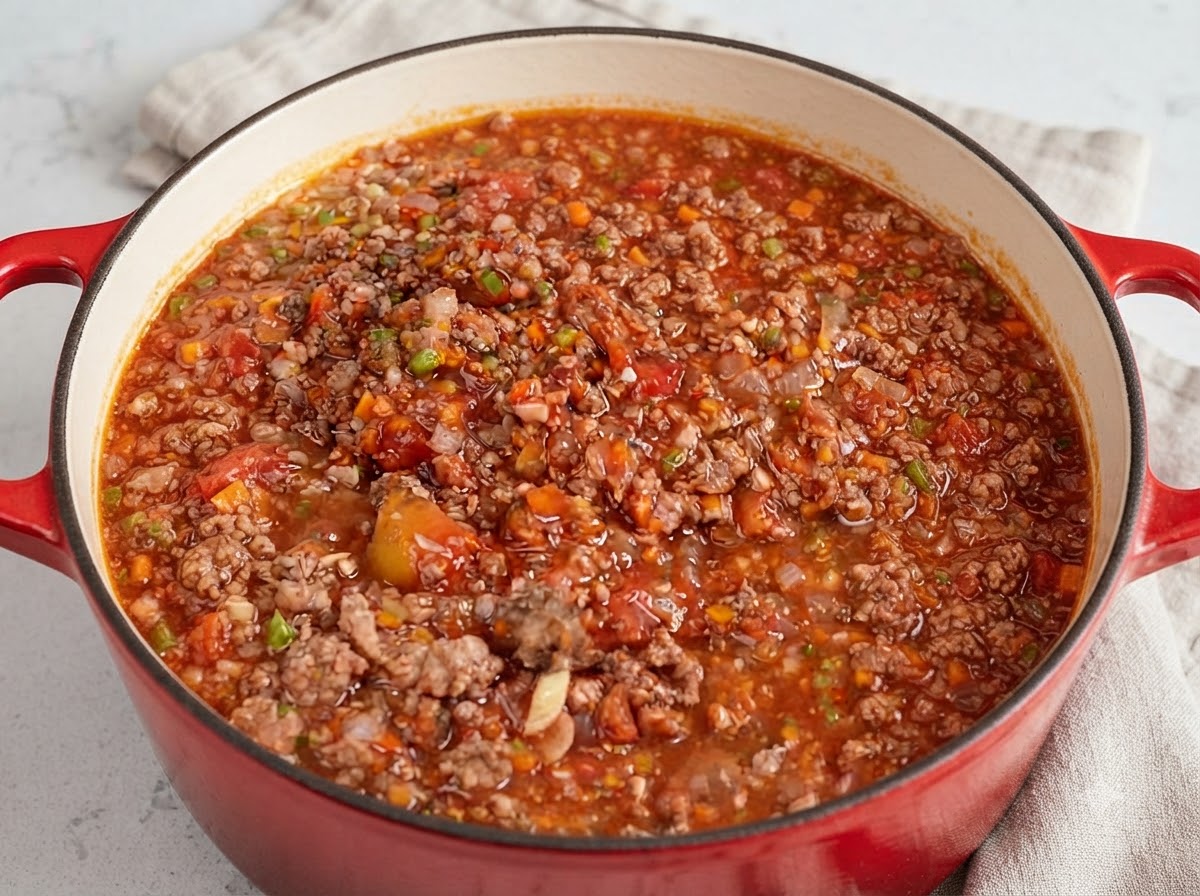Ein großer Topf mit köchelnder italienischer Bolognese-Sauce, die leicht blubbert.