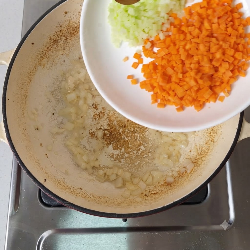 Gewürfelte Karotten und Sellerie werden in die Pfanne mit den Zwiebeln gegeben.