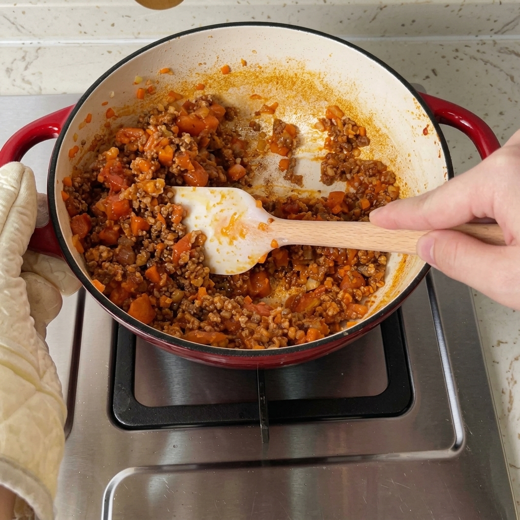Trockener Rotwein und kochendes Wasser werden in die köchelnde Fleischsauce eingerührt.