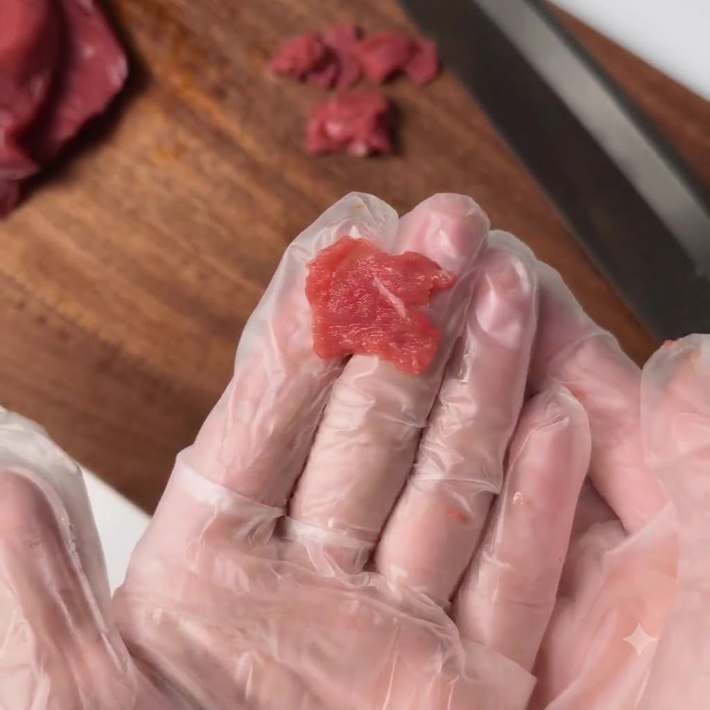 Dünne Scheiben rotes Rinderfilet werden in einer behandschuhten Hand über einem Holzschneidebrett gehalten.