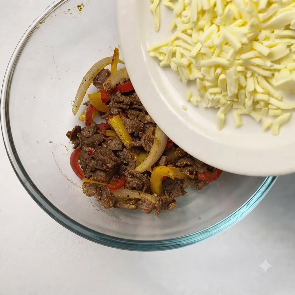 Geriebener Mozzarella wird von einem Teller in eine Glasschüssel mit gekochtem Fleisch und Gemüse gegeben.