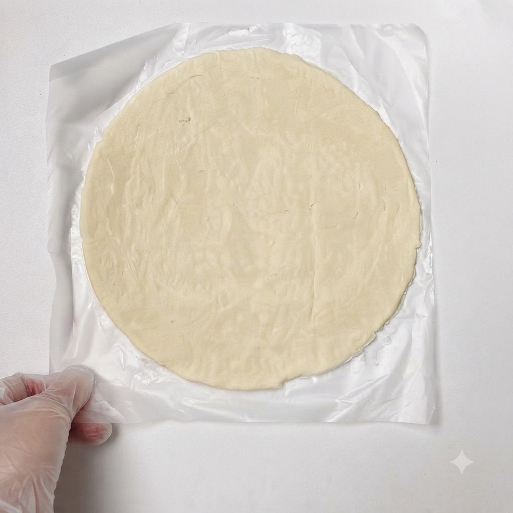 Eine Portion gekochte Fleisch-Käse-Füllung liegt in der Mitte des runden Teigfladens.