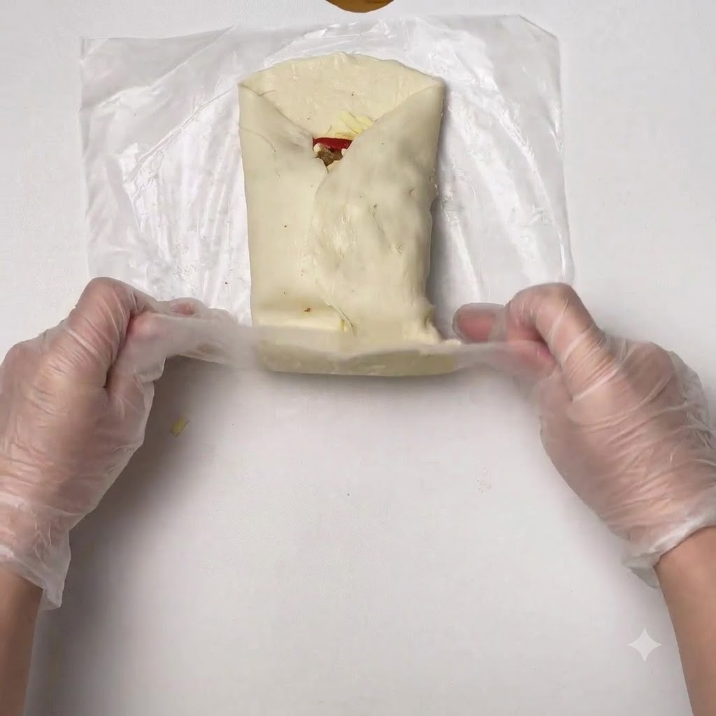 Hände nutzen die Plastikfolie, um die Teigränder um die Füllung zu falten und einzurollen.