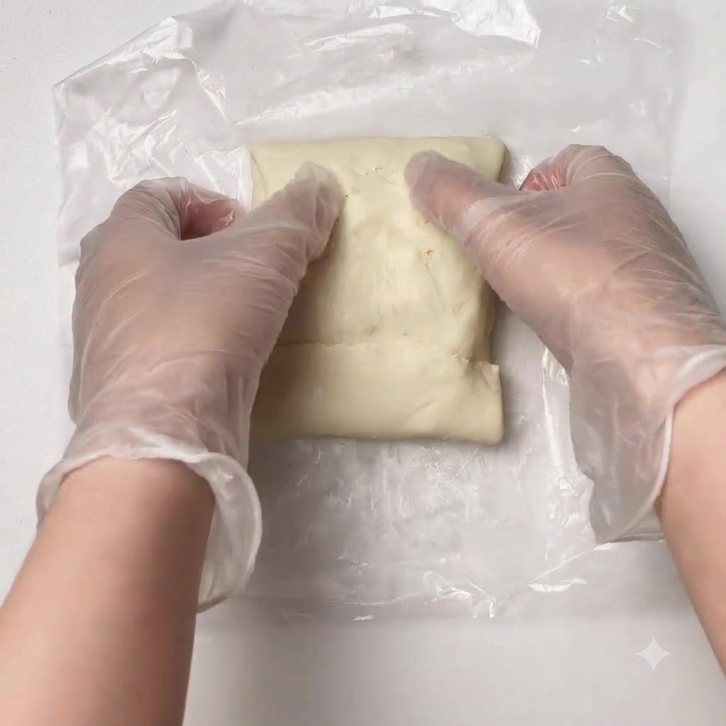 Die verpackte Teigrolle im Korb der Heißluftfritteuse wird mit Eigelb bestrichen und mit Sesam bestreut.