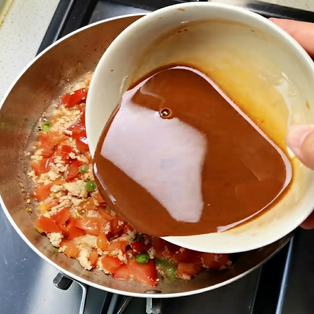 Fertige braune Soße wird aus einer weißen Schüssel in eine Pfanne mit Hackfleisch, Tomaten und Erbsen gegossen.