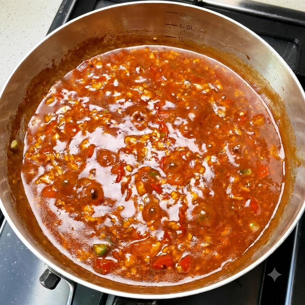 Eine Pfanne mit einer köchelnden, reichhaltigen Tomaten-Hackfleisch-Soße auf dem Herd.