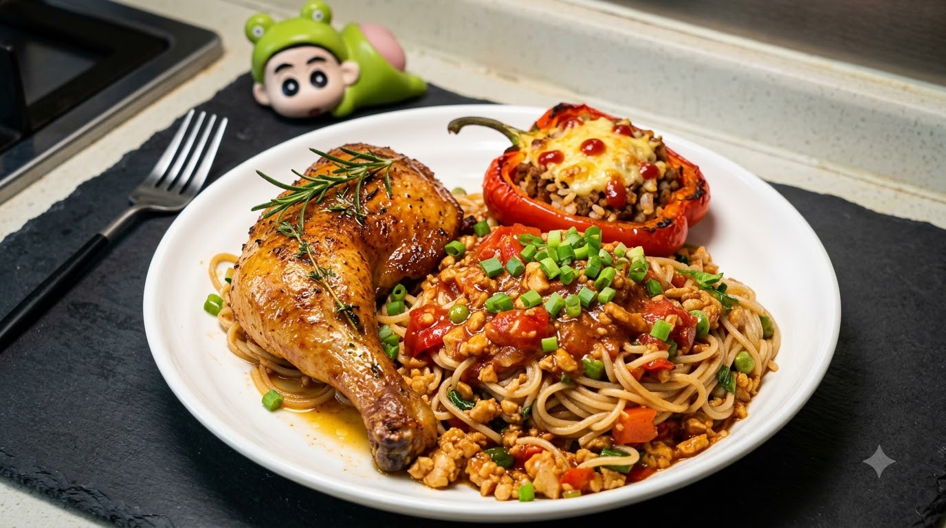 Tomaten-Hackfleisch-Spaghetti mit Hähnchen