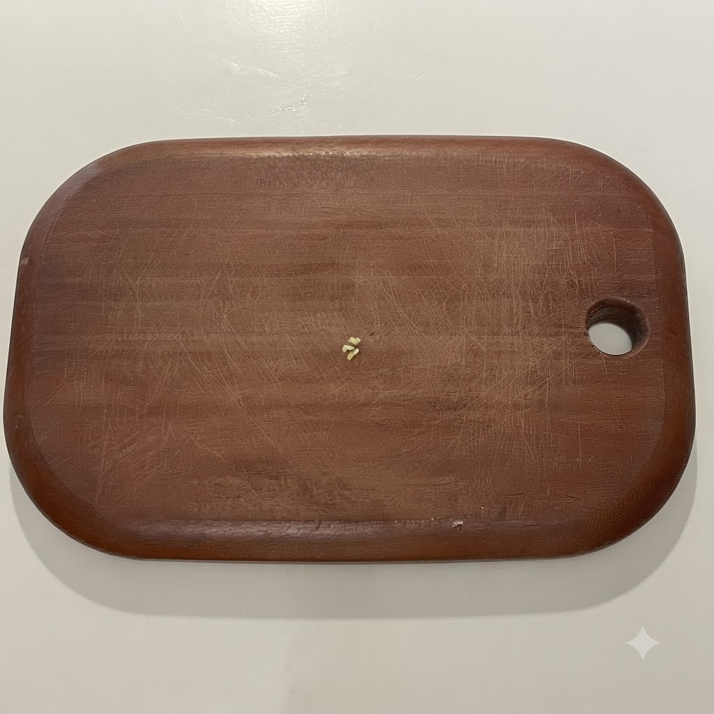 Knoblauchzehen werden auf einem Holzschneidebrett mit einem Messer fein gehackt.