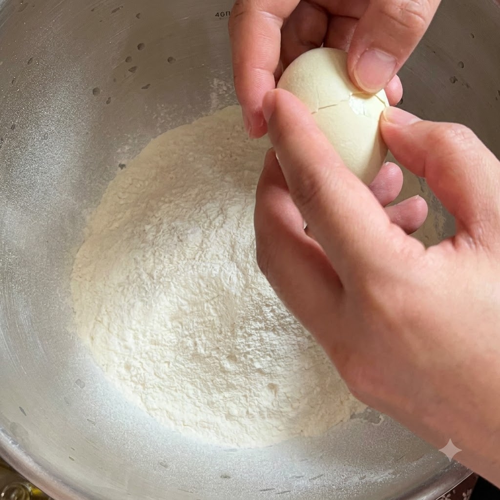 Eier werden in eine große Metallschüssel mit Mehl für den Nudelteig geschlagen.