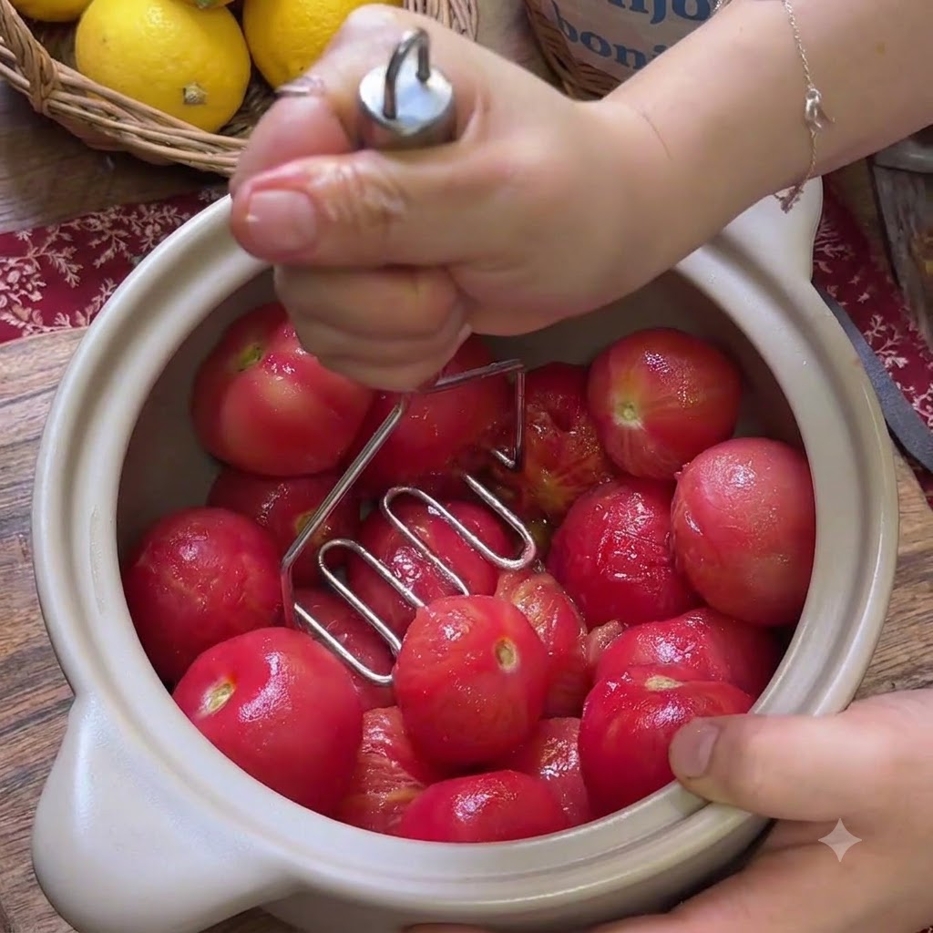 Hände nutzen einen Handstampfer, um rote Tomaten in einem Keramiktopf zu zerstampfen.