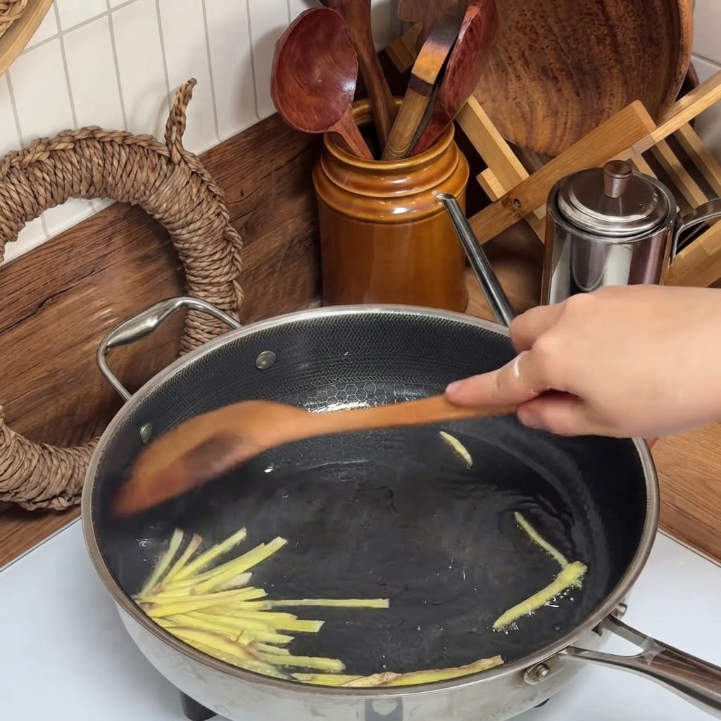 Hackfleisch und Ingwerscheiben werden in einer großen Edelstahlpfanne angebraten.