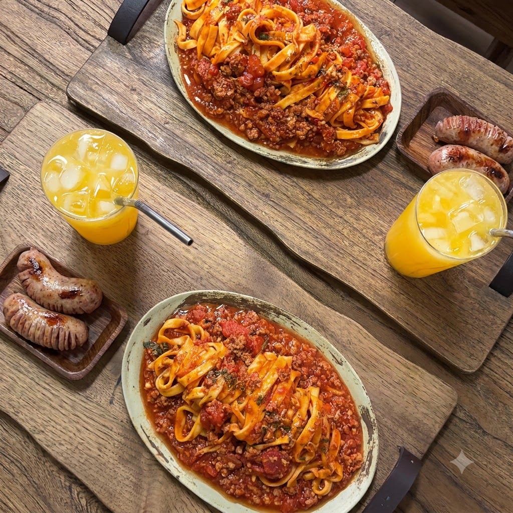 Frische Fettuccine-Nudeln kommen aus einem Nudelmaschinenaufsatz auf ein Brett heraus.