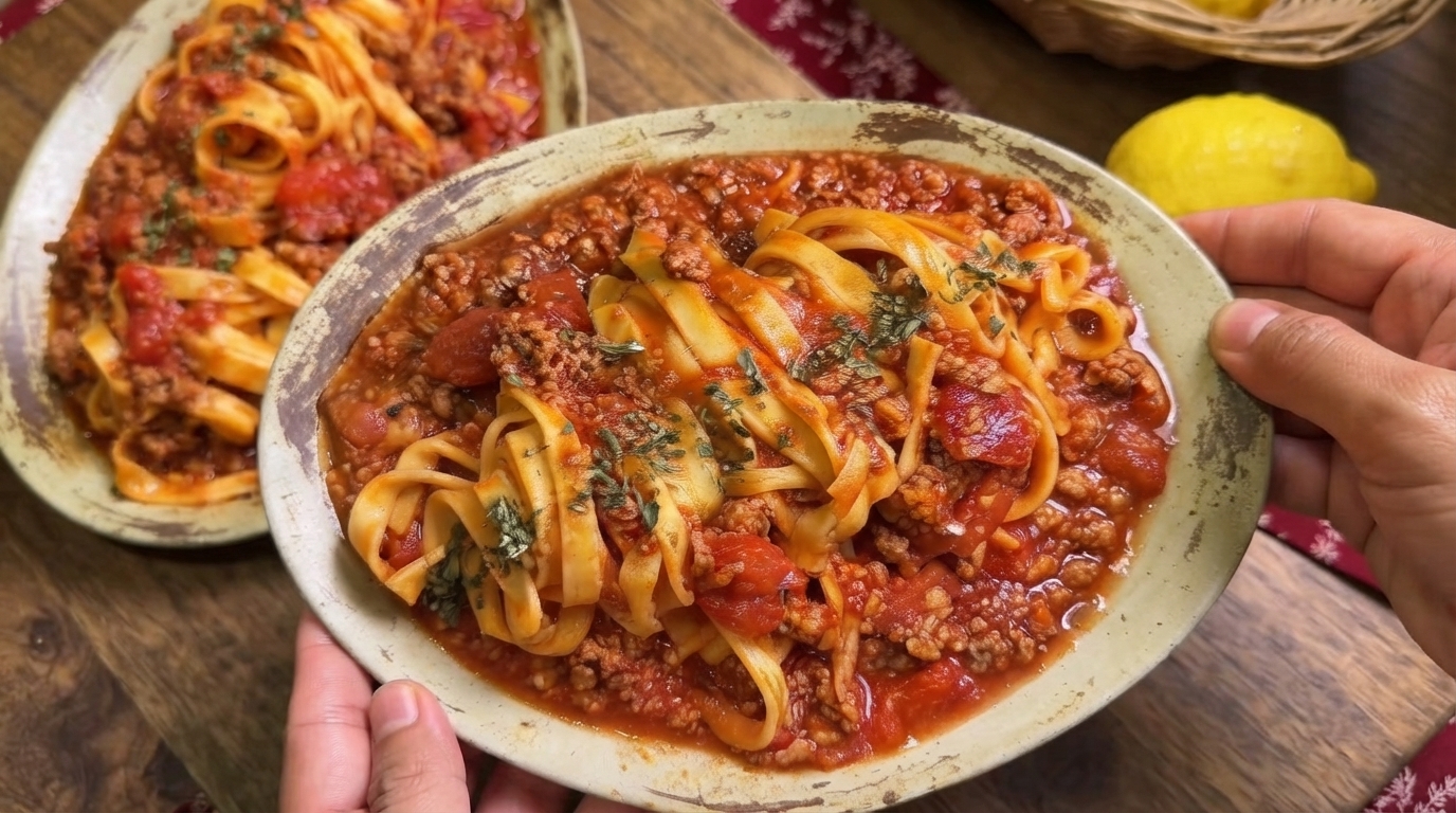 Hausgemachte Artisanal Pasta mit Tomaten-Hackfleisch-Soße