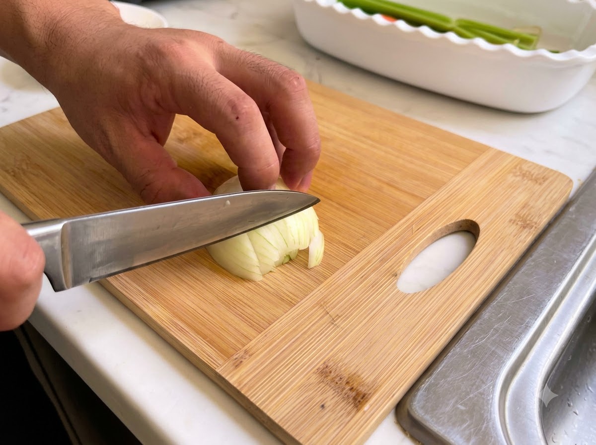 Eine Zwiebel wird auf einer Holzschneidefläche mit einem Küchenmesser sorgfältig in Scheiben und Würfel geschnitten.
