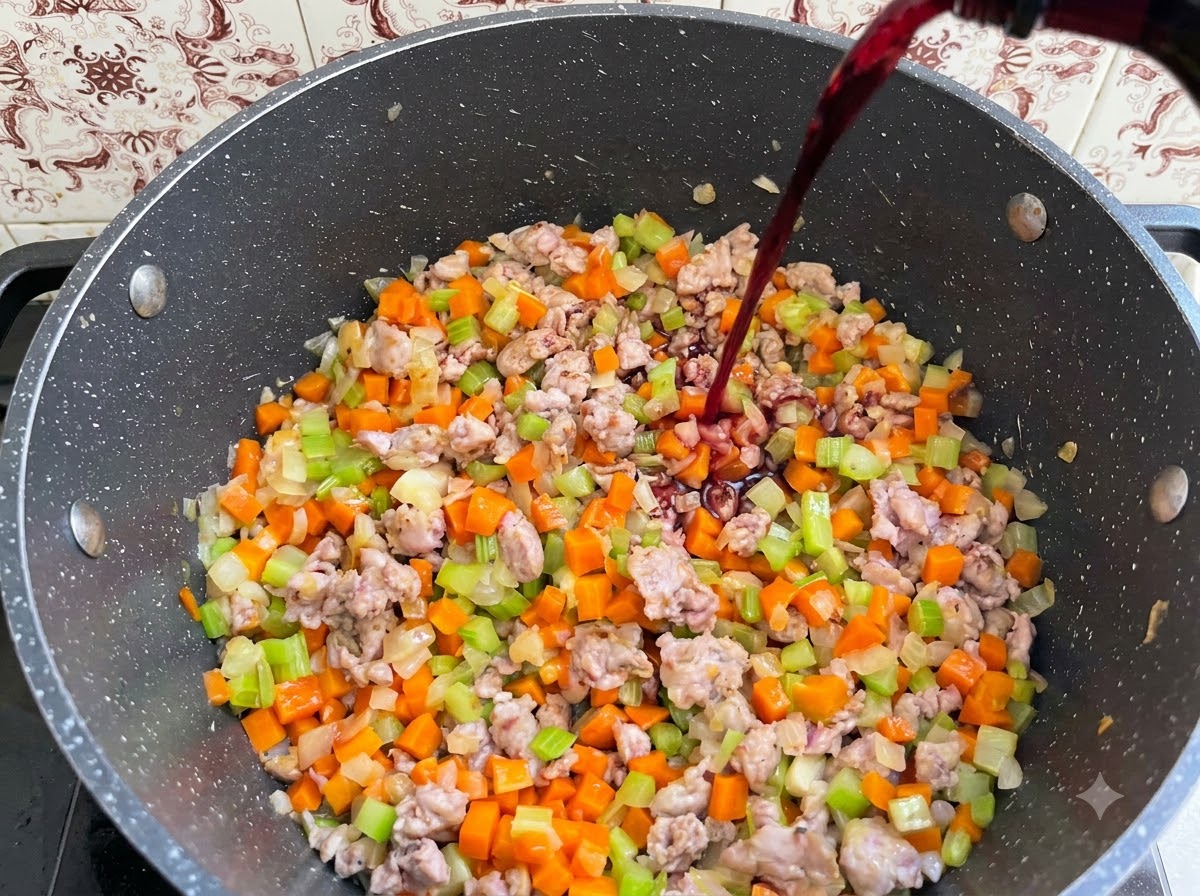 Rotwein wird aus einer Flasche in einen mit Gemüse und Fleisch gefüllten Topf gegossen.