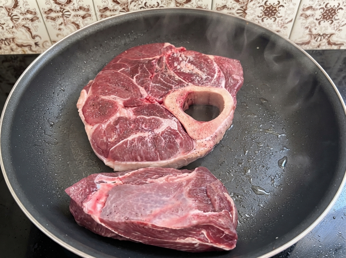 Gewürzte Rindfleischstücke braten in einer heißen Bratpfanne mit sichtbarem Dampf an.