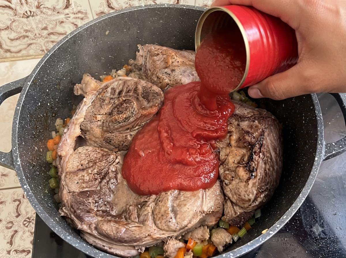 Tomatenpüree wird aus einer roten Dose in einen großen Topf mit Rindfleischstücken und gekochtem Gemüse gegossen.
