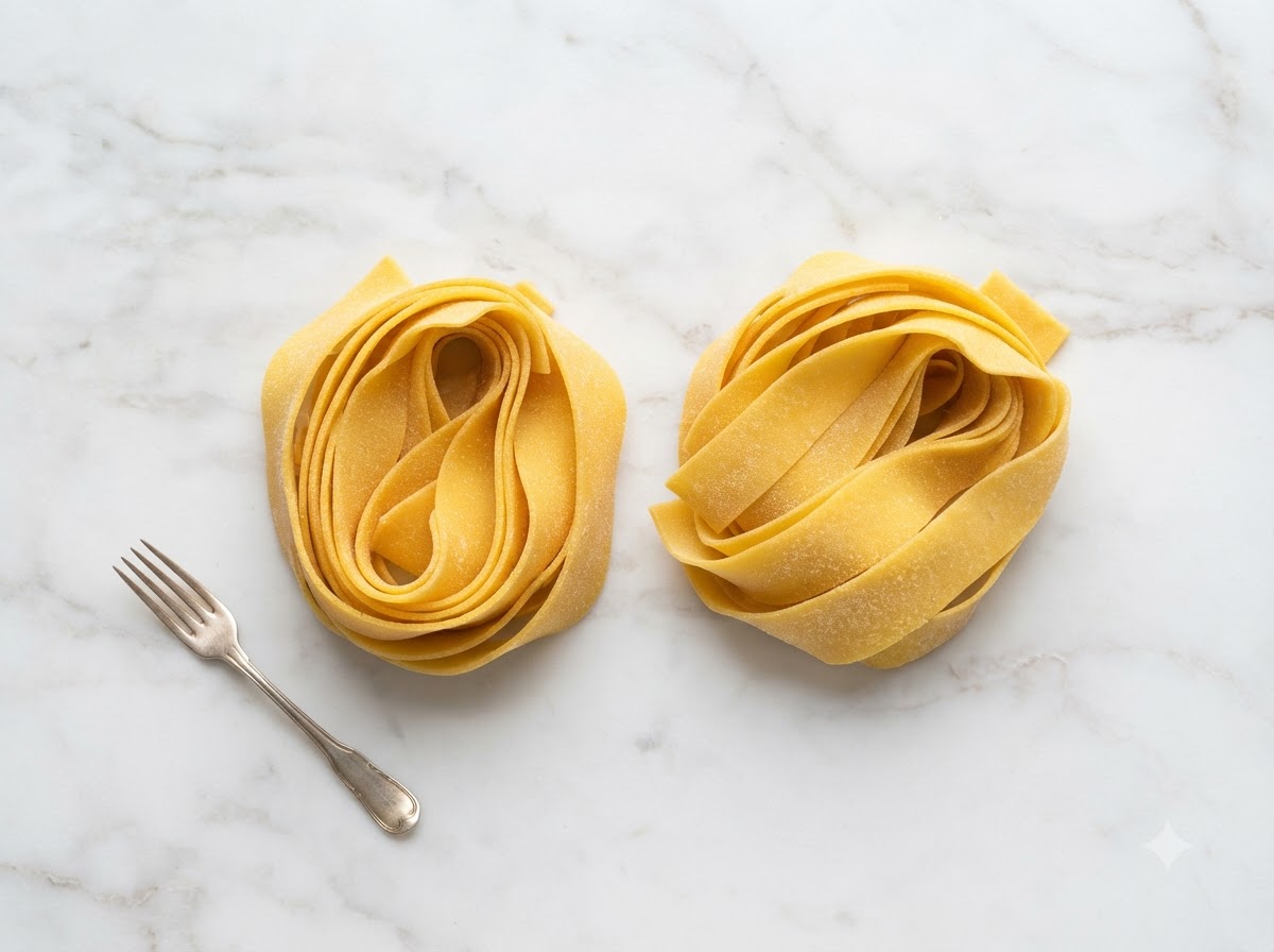 Frische Tagliatelle-Pasta wird geformt und zu Nestern aufgerollt.