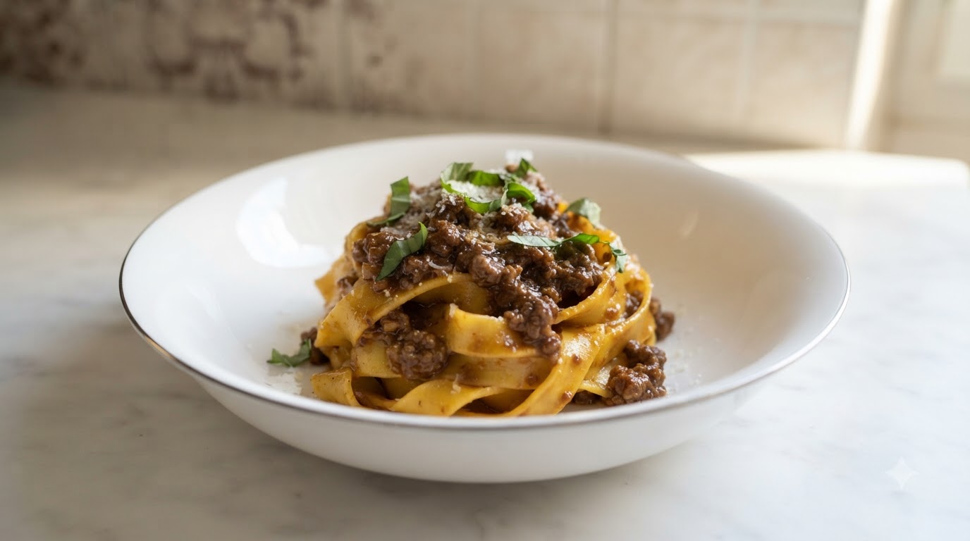 Handgemachte Tagliatelle al Ragù mit Rinderbäckchen und Rinderbeiche