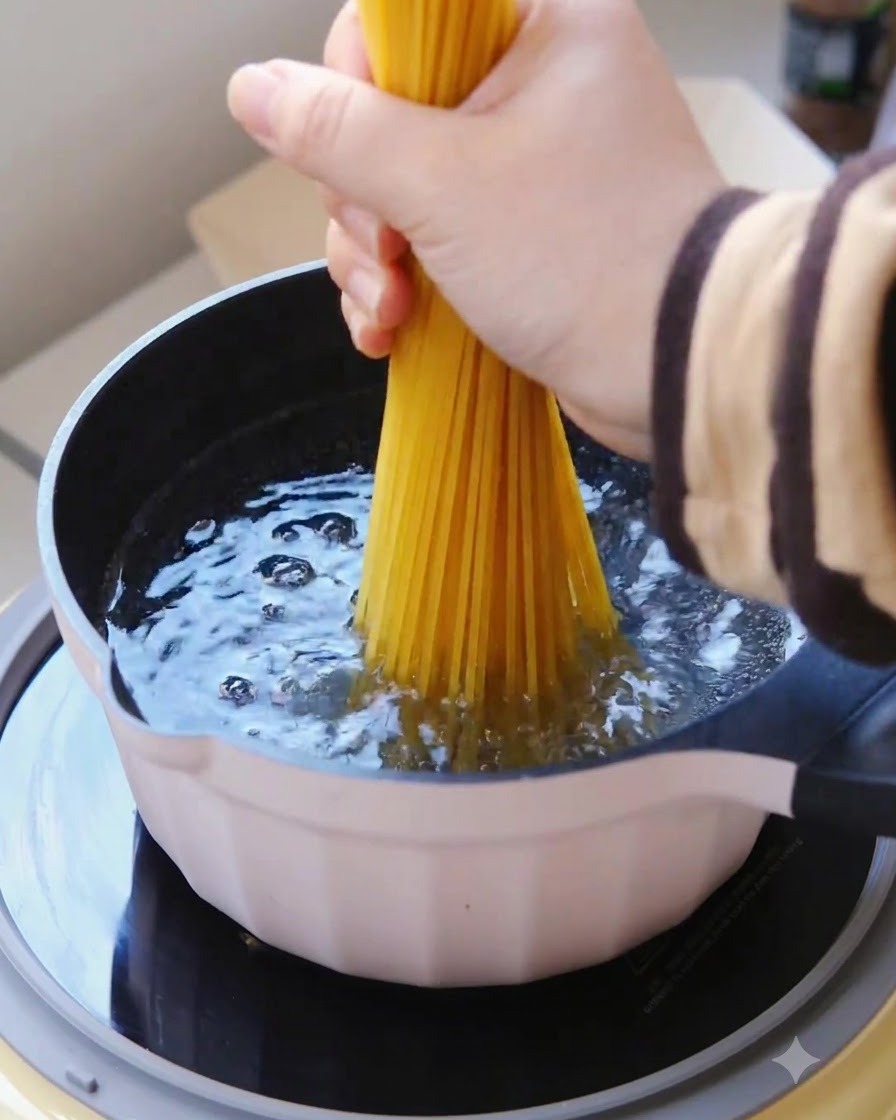 Ein Bündel trockene Spaghetti wird vertikal in einen Topf mit kochendem Wasser getaucht.
