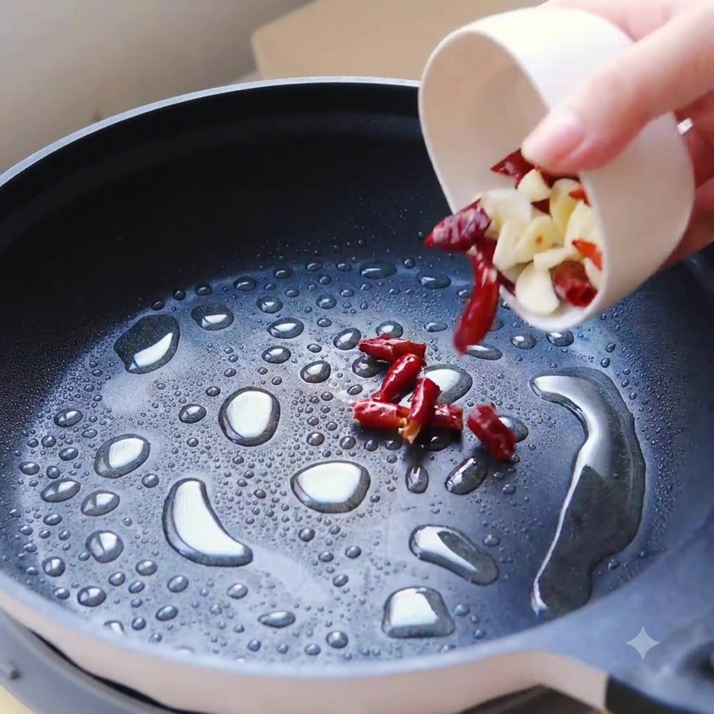 In Scheiben geschnittener Knoblauch und rote Chilischoten brutzeln in heißem Öl in einer Pfanne.
