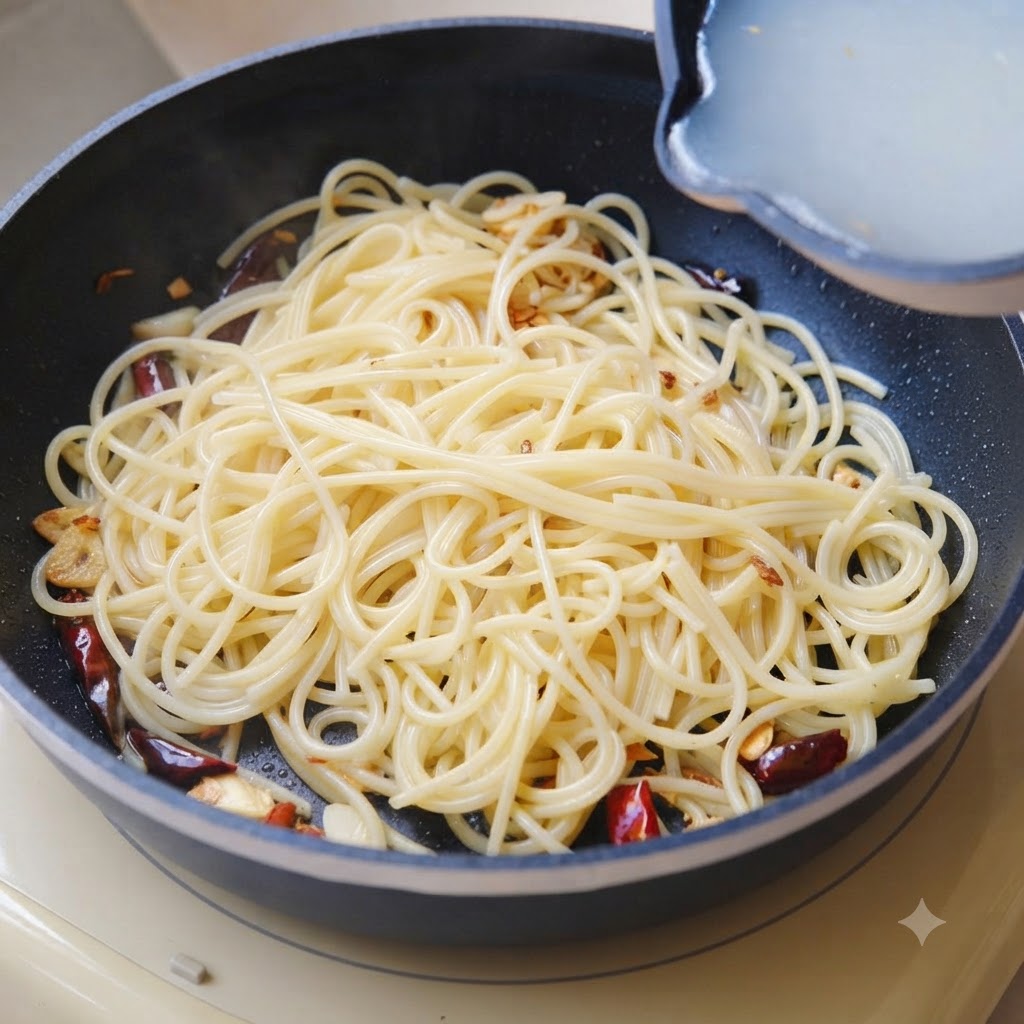 Nudelkochwasser wird aus einem kleinen Topf in die Pfanne mit gekochten Spaghetti gegossen.