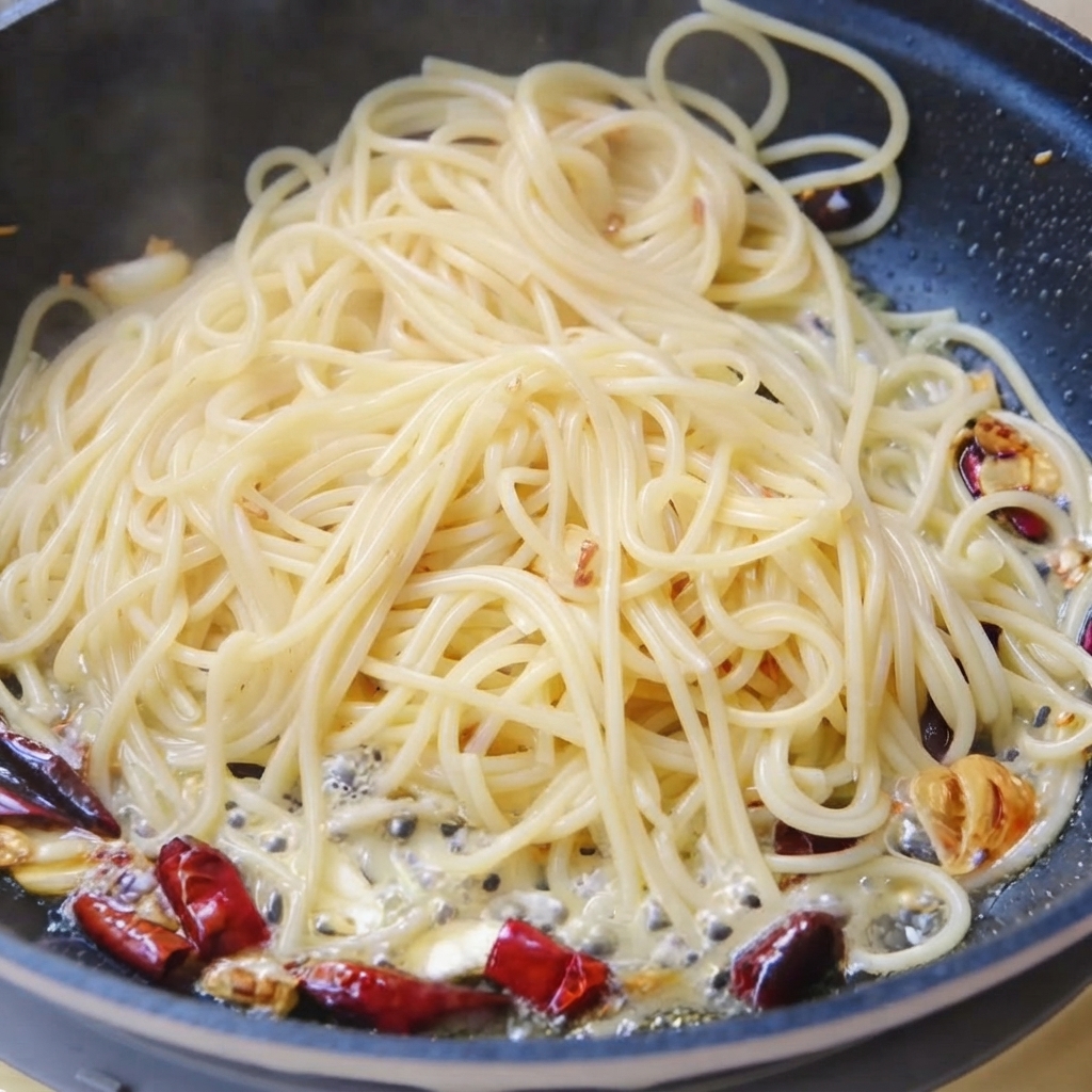 Spaghetti werden mit Korianderstängeln und kochendem Wasser in einer Pfanne geschwenkt.