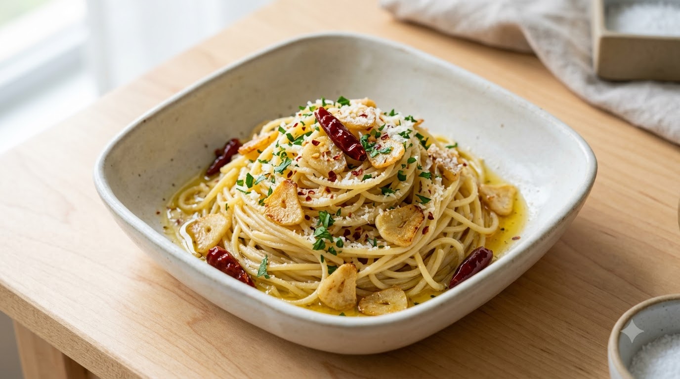 Würzige Knoblauch-Öl-Pasta mit Koriander (Aglio e Olio Stil)