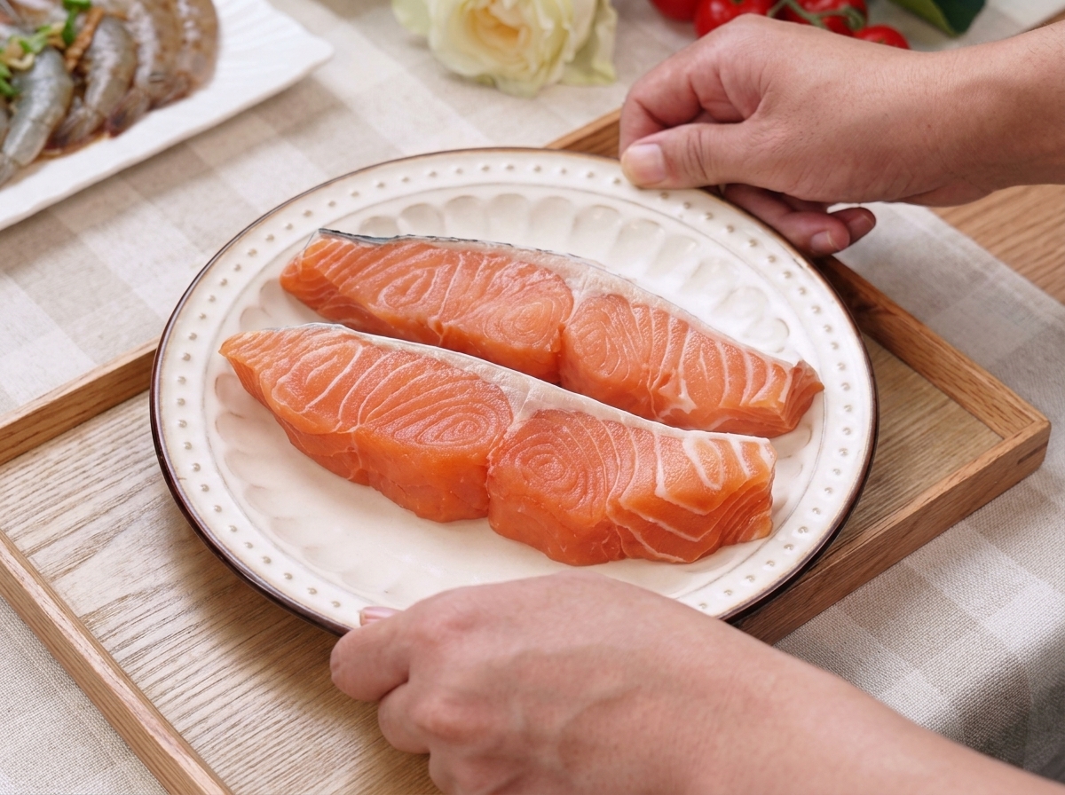 Zwei frische Lachsfilets auf einem weißen Teller werden mit Salz und Pfeffer gewürzt.