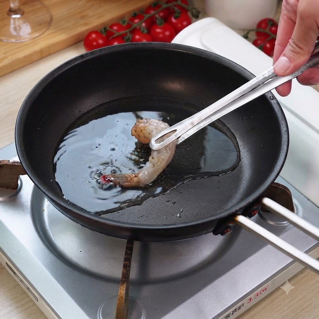 Eine gewürzte Garnele wird mit einer Küchenzange in eine heiße Bratpfanne mit Öl gelegt.
