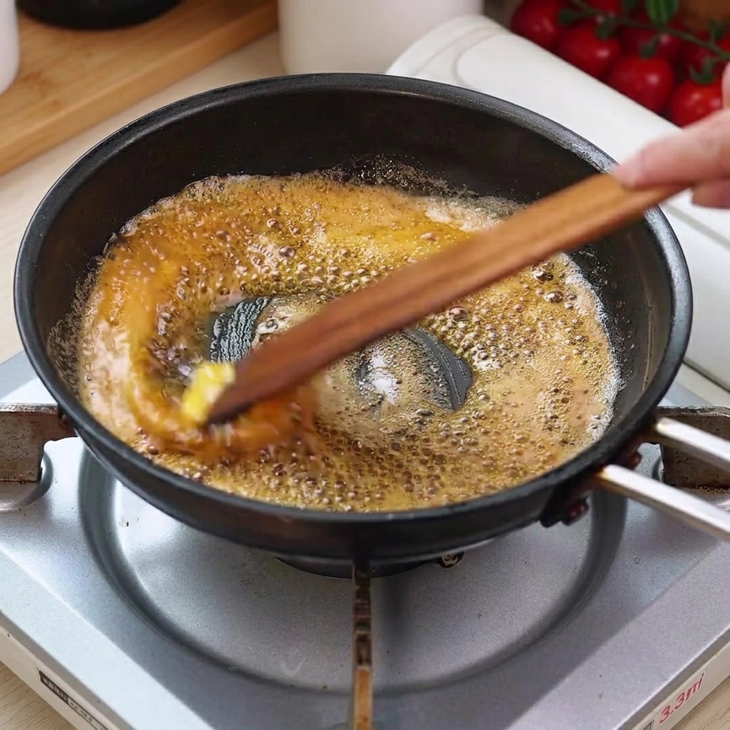 Butter und gehackter Knoblauch schmelzen und braten in einer Pfanne mit gewürztem Öl, verrührt mit einem Holzlöffel.
