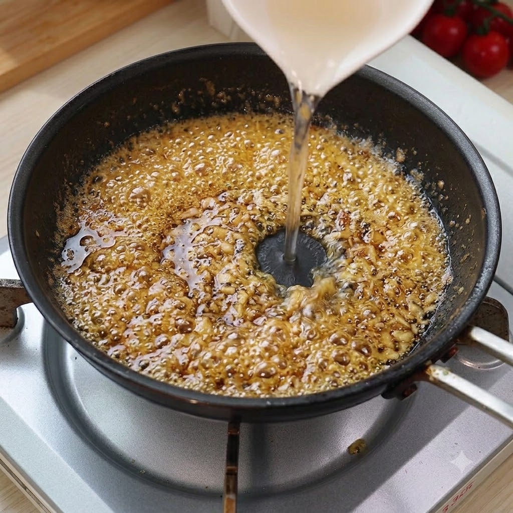 Weißwein wird aus einem kleinen Krug in eine brodelnde Pfanne mit Butter und Knoblauch gegossen.