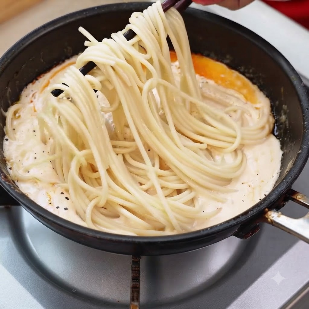 Gekochte Spaghettistränge werden mit Stäbchen in einer cremigen Pfannensauce mit Garnelen angehoben.