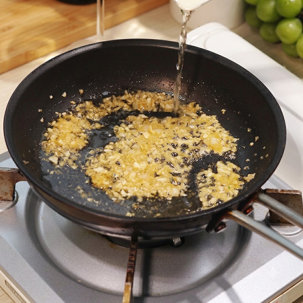 Weißwein wird aus einem kleinen Krug in eine Pfanne mit sautiertem Knoblauch und Zwiebeln gegossen.
