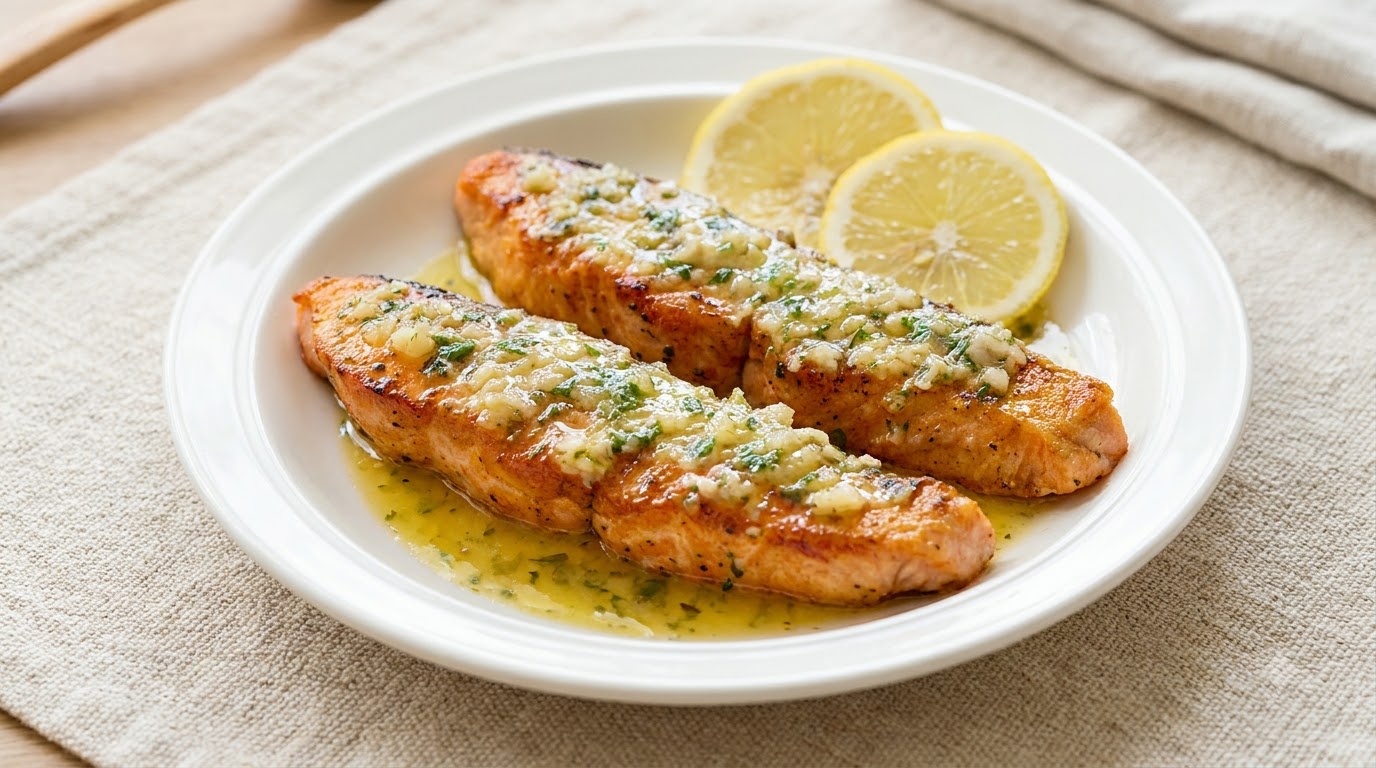 Pfanngebratener Zitronen-Lachs mit Knoblauch-Garnelen-Pasta