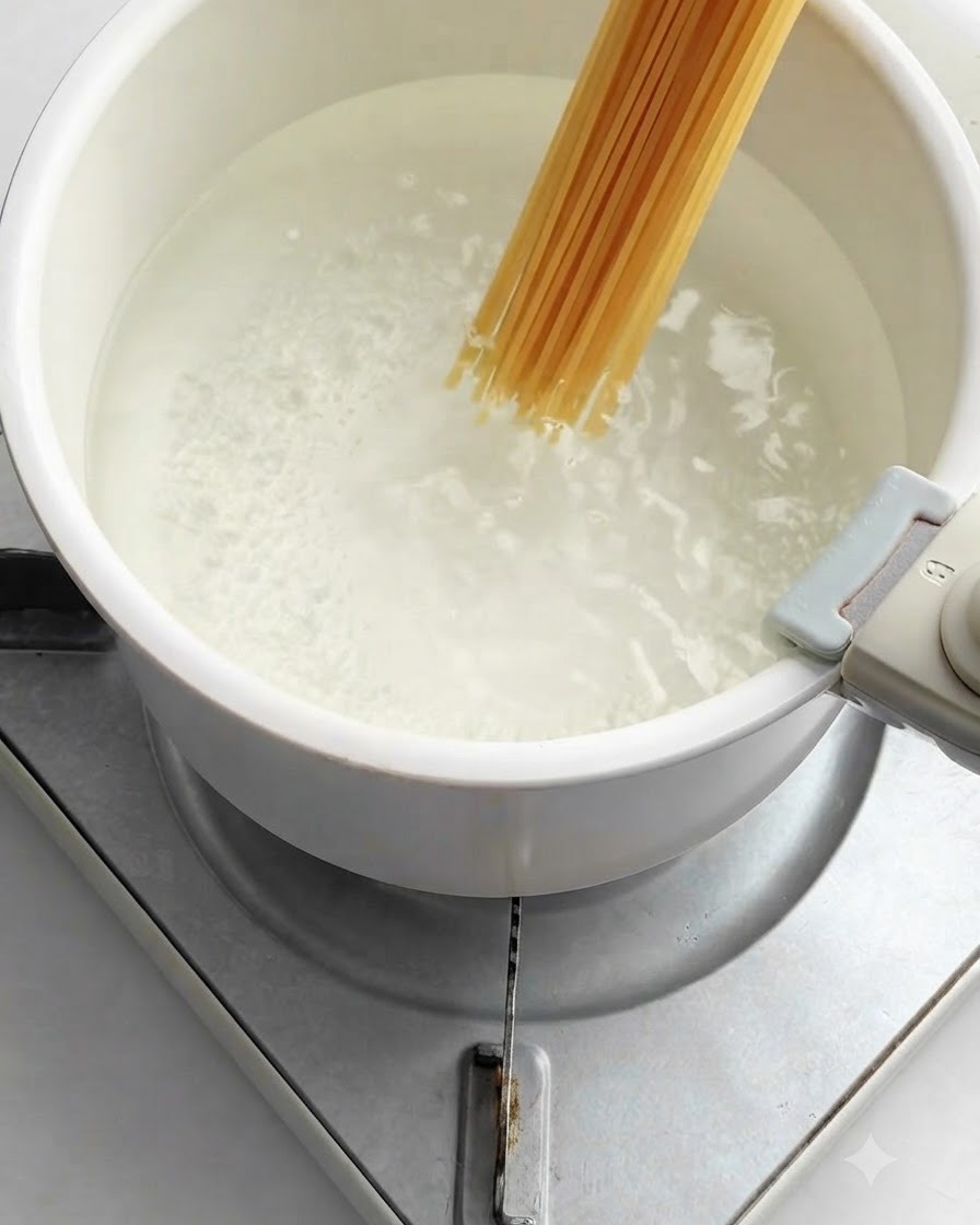 Ein Bündel langer Spaghettinudeln wird in einen weißen Topf mit sprudelnd kochendem Wasser auf einem Herd gegeben.