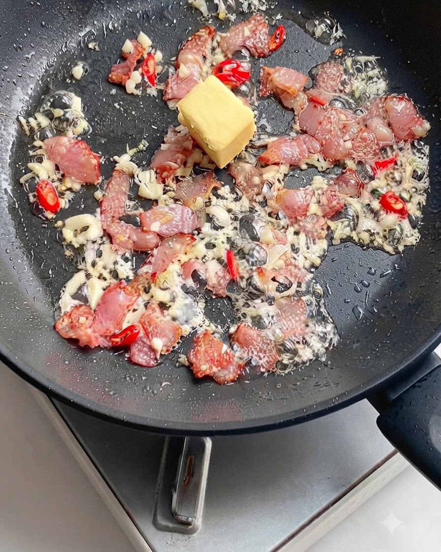 Ein fester Würfel gelber Butter schmilzt zwischen Speck, Knoblauch und Chili in der Pfanne.