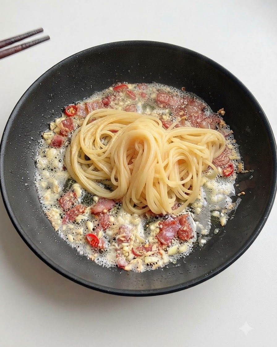 Eine kleine Menge stärkereiches Nudelwasser wird in die Pfanne mit Speck und Knoblauch gegossen.