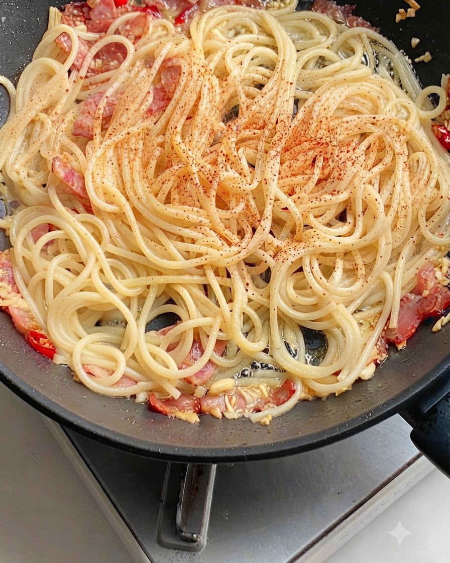 Ein Tropfen dunkler Austernsauce wird über die Nudeln in der Pfanne gegossen.