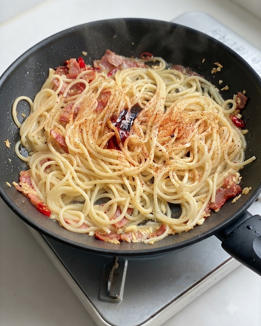 Frischer schwarzer Pfeffer wird über die gewürzten Spaghetti in der Pfanne gemahlen.