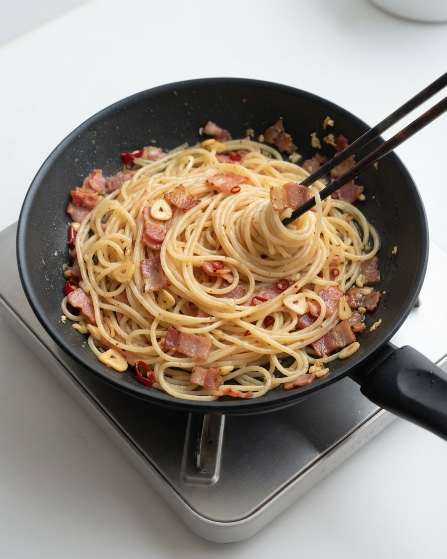 Spaghettinudeln werden mit Essstäbchen in einer Pfanne mit Speck- und Knoblauchsauce geschwenkt.
