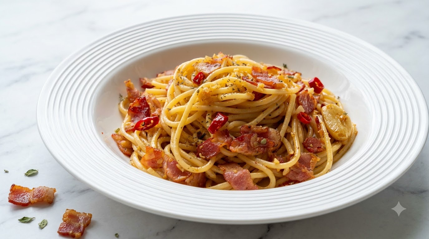Eine Schüssel Knoblauch-Butter-Speck-Pasta, garniert mit knusprigen Speckwürfeln, roten Chilischeiben und getrockneten Kräutern